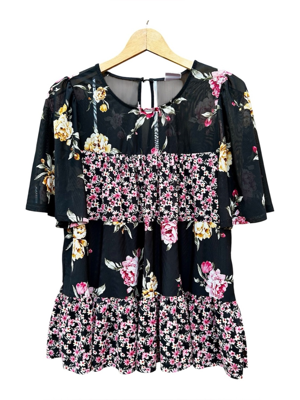Luna Floral Tiered Blouse Sheer Lightweight Sz L